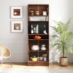 Kitchen Pantry Sideboard with 2 Sliding Striped Glass Doors, Freestanding Countertop Storage Cabinet for Bottles, Wine, Coffee machine, Microwave